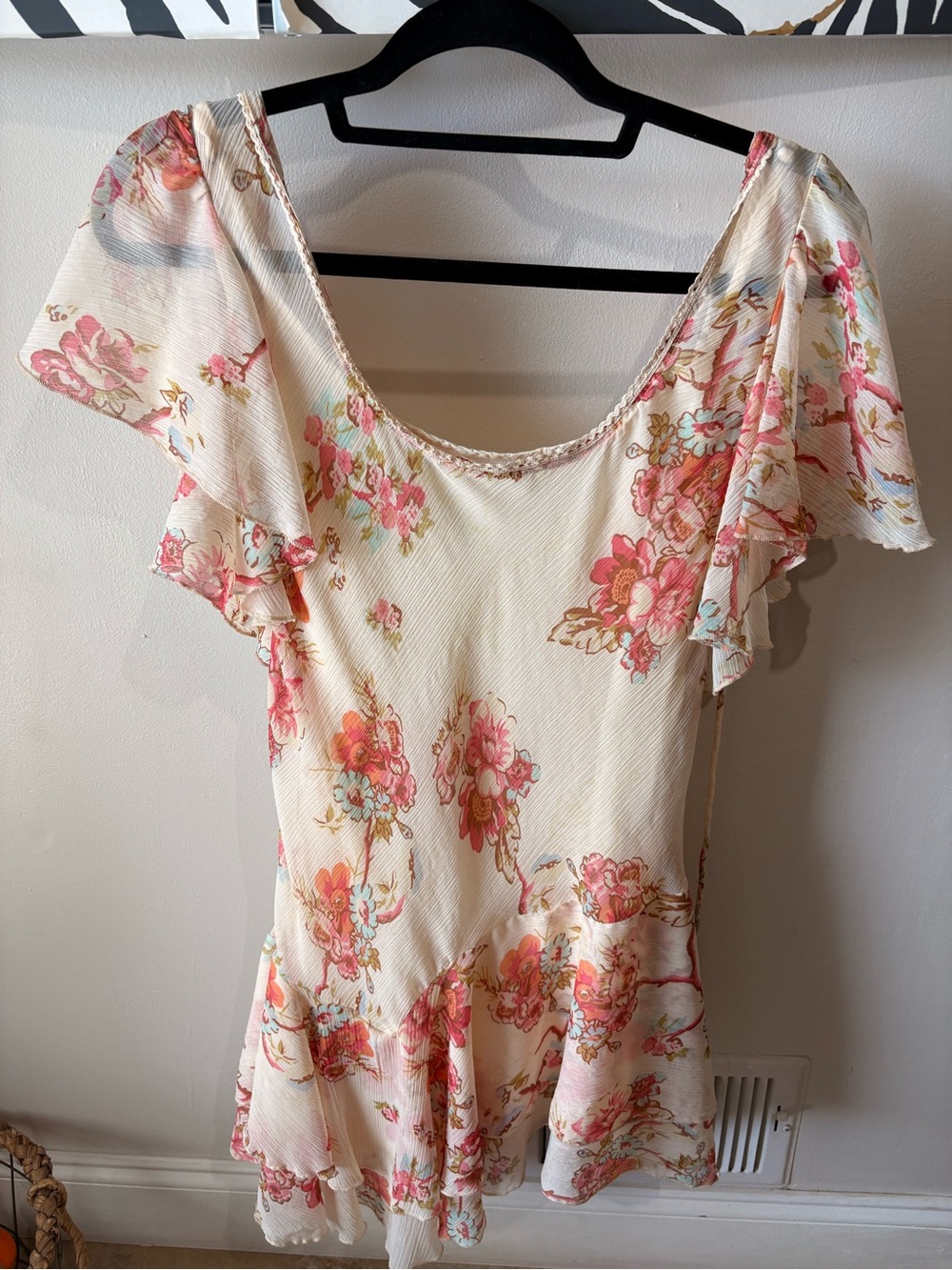 Free People Cream Floral Ruffle Chemise with Pink Accents